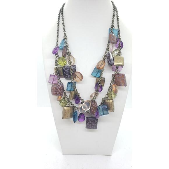 Vintage Multi-Strand Beaded Necklace Chunky Faceted Acrylic Resin Geometric Fun - Picture 2 of 7